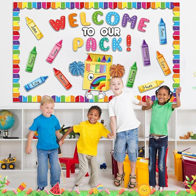 Pasimy Crayon Bulletin Board Decorations Set Welcome to Our Pack Classroom Decor Colorful Crayon Name Tags Cutouts Art Bulletin Board Border for Back to School Summer Office Home Wall Door Supplies