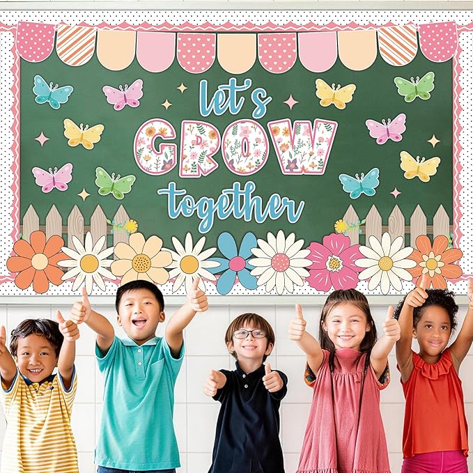Spring Bulletin Board Decorations Set Motivational Let's Grow Together Bulletin Board Spring Butterfly Paper Cutouts Colorful Flower Classroom Decorations for School Home Office Chalkboard Supplies