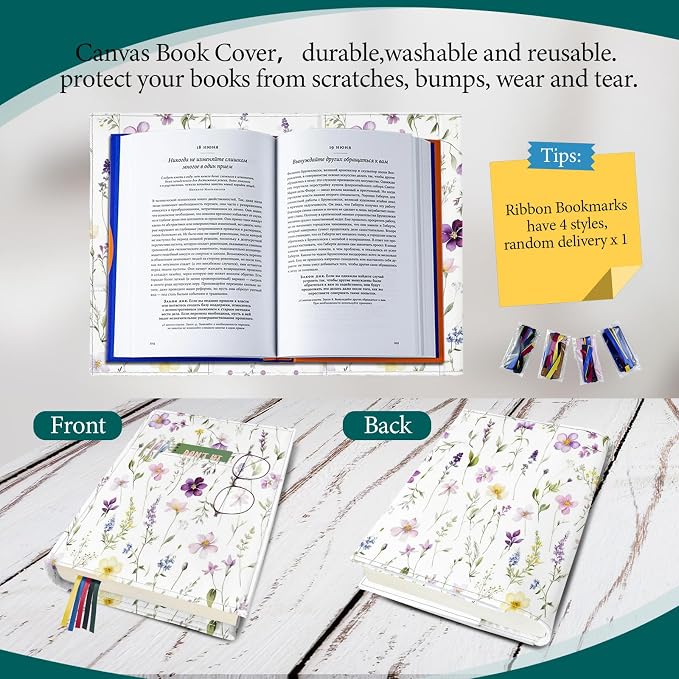 Book Cover Protector for Paperback,Adjustable Soft Canvas Fabric Book Cover with Pocket Bookmark,Double Side Print Book Dust Jacket Covers for Hardcover Book Lovers Gift White Floral L