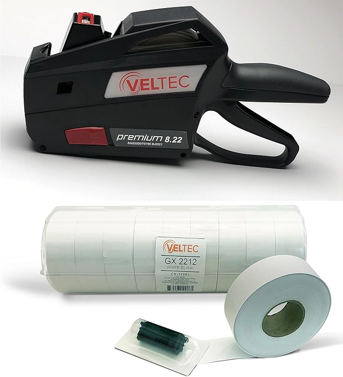 Veltec Contact Premium 1 Line Price Gun 8.22 Starter Kit, 8 Digits, 11,000 White Blank Labels, Pre-Loaded and Extra Ink Roller Included