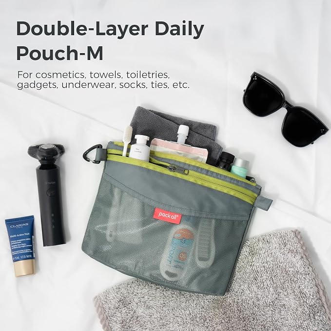 pack all Double-Layered Water-Resistant Zipper Pouch, Mesh Zipper Bags for Storage, Travel, Office & Home Organization (Grey, Medium)