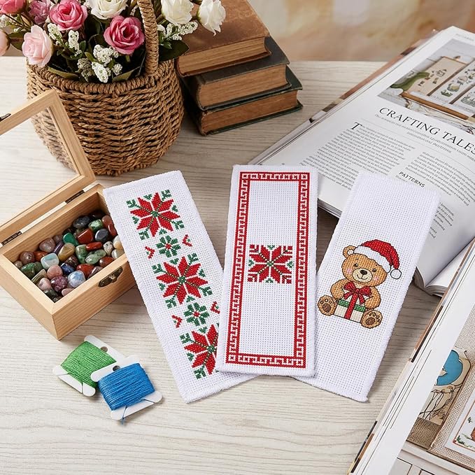 20pcs Cross Stitch Bookmark Kit 14 Count Embroidery Blanks Cotton Fabric Book Marker Cross Stitch Rectangle Embroidery Bookmark for Crosstitch Project 7.48x2.76in