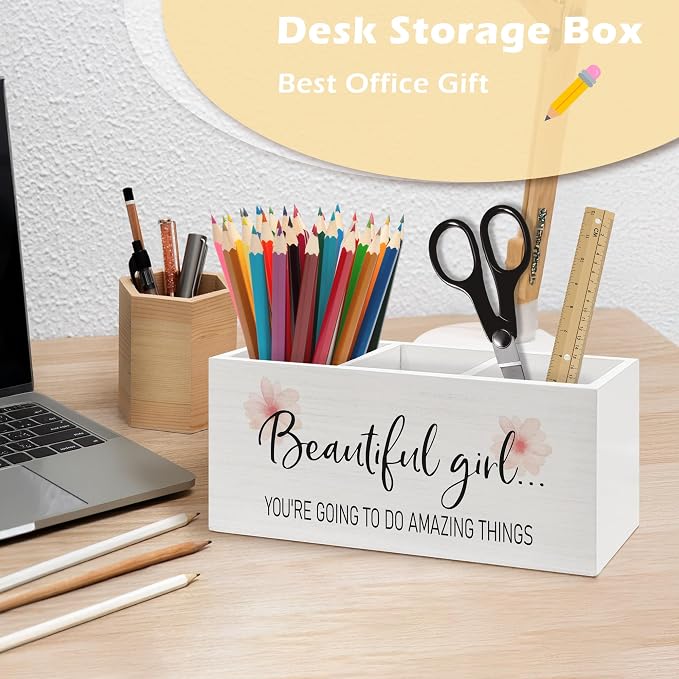Pink Floral Motivational Pen Holder Organizer Desk Decor, Inspirational Encouragement Gifts for Women Girls Wooden Pen Pencil Holders for Home Office Desk Accessories