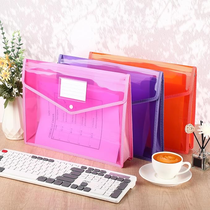 Epakh 3 Pack B4 Plastic Expanding File Folders Waterproof Transparent Expandable File Folder Wallet Document Organizer with Snap Button Closure for School Office Business (Pink Purple Orange)