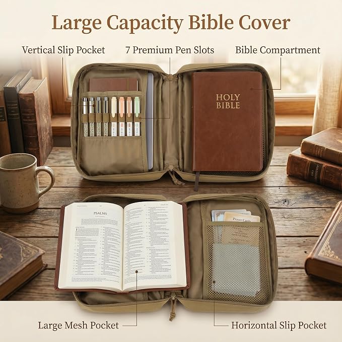 Tactical Bible Cover for Men, Large Bible Case with Shoulder Strap & US Flag Patch, Water Resistant Bible Carrier Bag with Handle, Multi Pockets for Church Study & Travel （Camo）