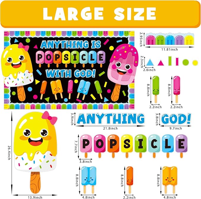 Summer Ice Pop Bulletin Board Decorations Set, Christian Sunday School Classroom Decoration Religious Sweet Colorful Popsicle Cutouts May June Library VBS Church Window Wall Decor for Teacher