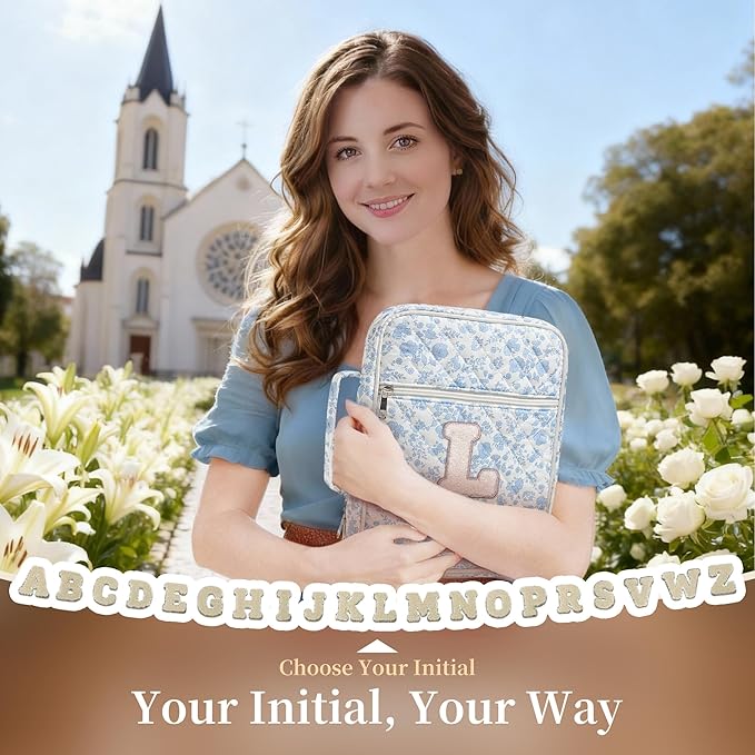 Personalized Initial Bible Cover Case for Women – Large Quilted Bible Bag with Handle, Chenille Letter, Bible Study Kit, Christian Gift for Mom, Grandma & Daughter (Blue Floral-L)