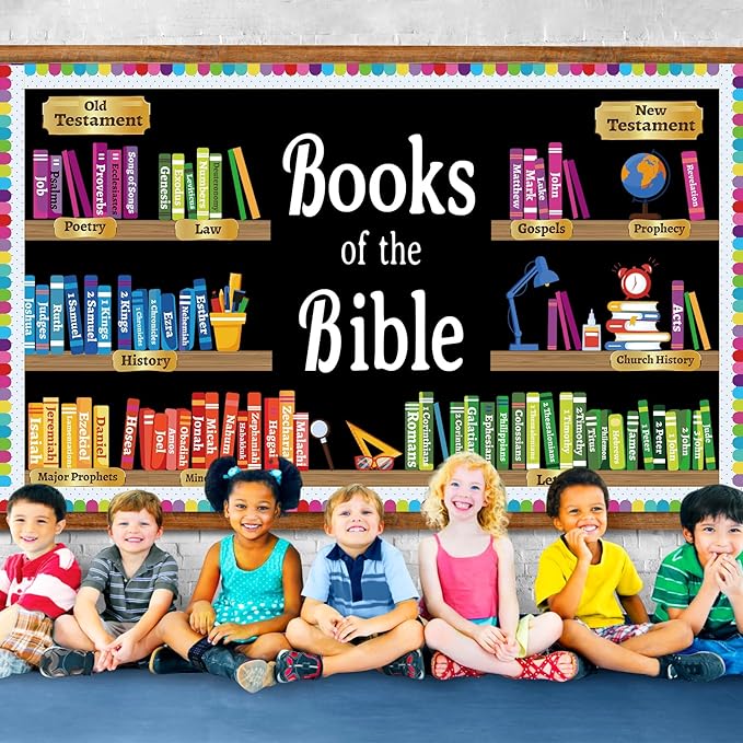 ojustbeok Books of the Bible Learning Bulletin Board Set Faith Religious Christian Back to School Classroom Bulletin Board Bible Learning Bookshelf Cutouts for Home Sunday School Wall Chalkboard Decor
