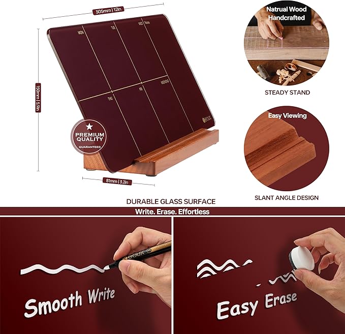 Desk Weekly Glass Dry Erase Board with Detachable Wood Stand, Burgundy Red, Small Desktop Calendar to Do List Planner Whiteboard 12x6 for Office, Home, Schools, Marker&Eraser Included, Yeoux