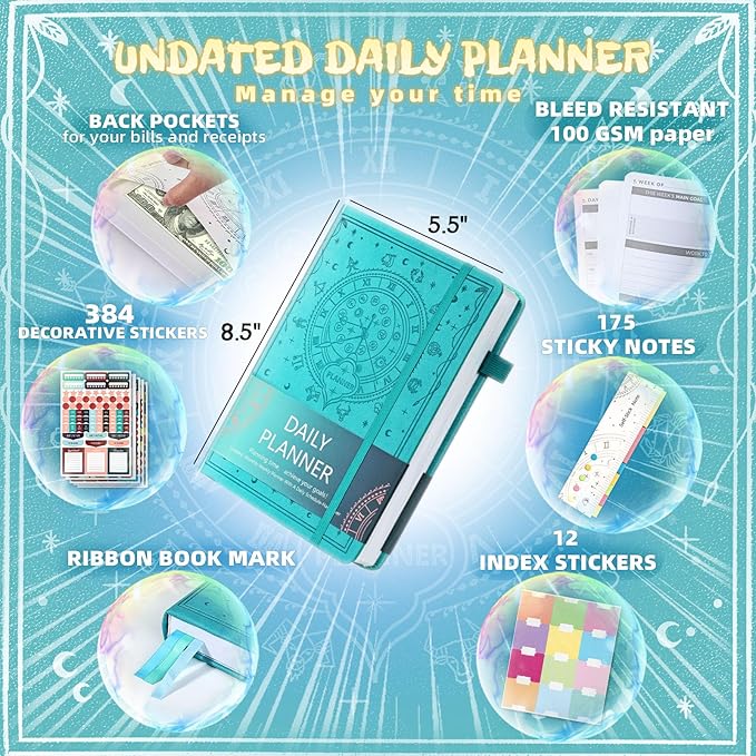 Undated Academic Planner Hardcover (5.5x8.5") - Flexible Weekly & Monthly Organizer with Stickers, Productivity Journal for Students & Professionals(Turquoise)