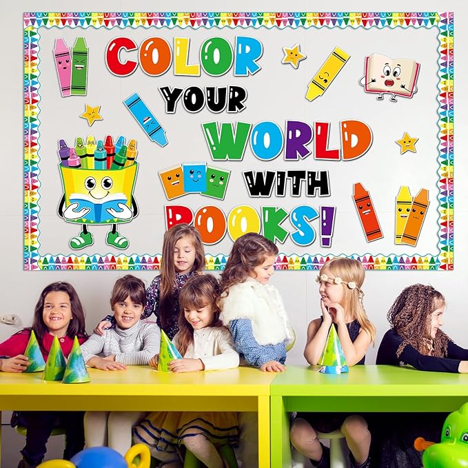 gisgfim Colorful Crayon Bulletin Board Decorations Reading Crayon Paper Cutouts Motivational Books Bulletin Board Set for Back to School Teacher Students Door Wall Chalkboard Decor Supplies