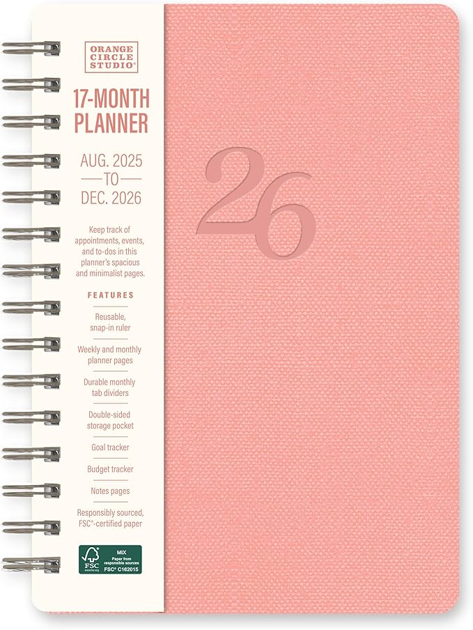 Orange Circle Studio Academic Planner 2026, Coral, Agatha Planners, 17-Month Spiral Planner for School or Work, Weekly & Monthly Calendar, Budget & Goal Tracker, Snap-In Bookmark, Storage Pocket