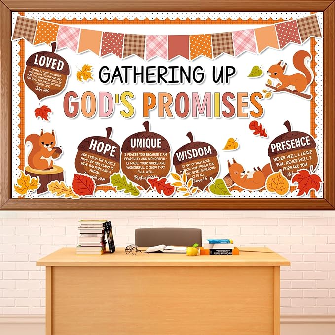 Fall Thanksgiving Religious Bulletin Board Set Autumn Squirrels Classroom Decorations Bible Verse Gathering Up God's Promises Paper Cutouts for Home Christian School Church Chalkboard Wall Door Decor