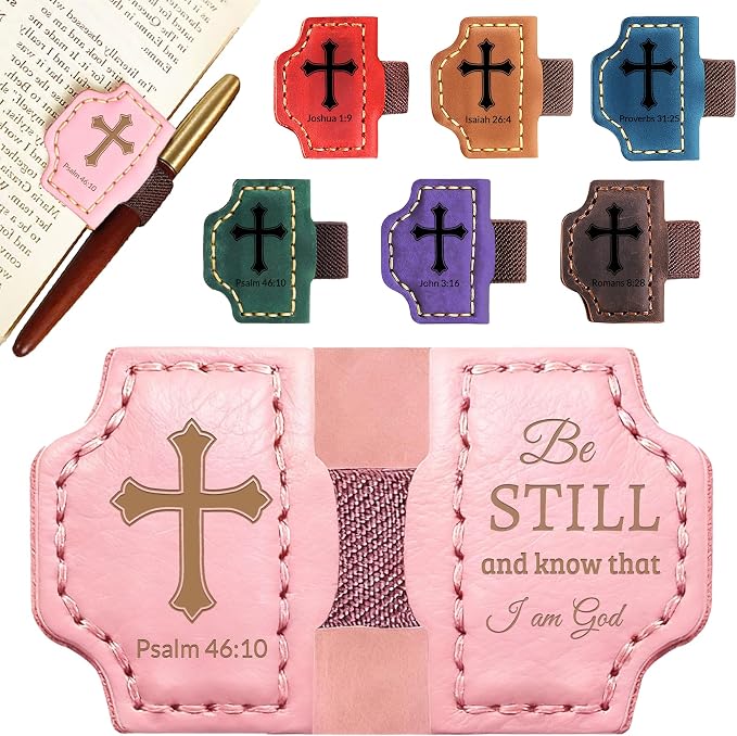Personalized Leather Bookmark with Pen Holder - Magnetic Bible Verse Design, Christian Book Lovers Reading Accessory, for Book Lovers Men Women (Pink, Psalm 46:10)