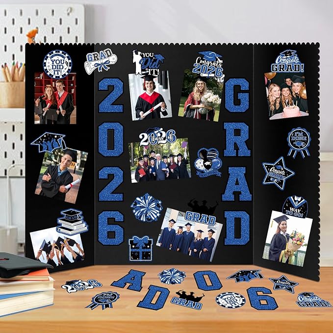 4 Set Graduation Photo Display Board, Class of 2026 Black Blue Trifold Poster Board with Grad Pattern Stickers, Graduation Photo Props Collage for Multiple Pictures Party Decorations, 16x24 Inch