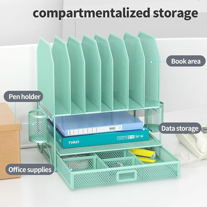 FANXIYQ Metal Desk Organizer with Sliding Drawer, 7-Section File Organizer for Desk, Desktop File Folder & Paper Organizer with 2 Hanging Pen Holders, Office Supplies Organizer, Green