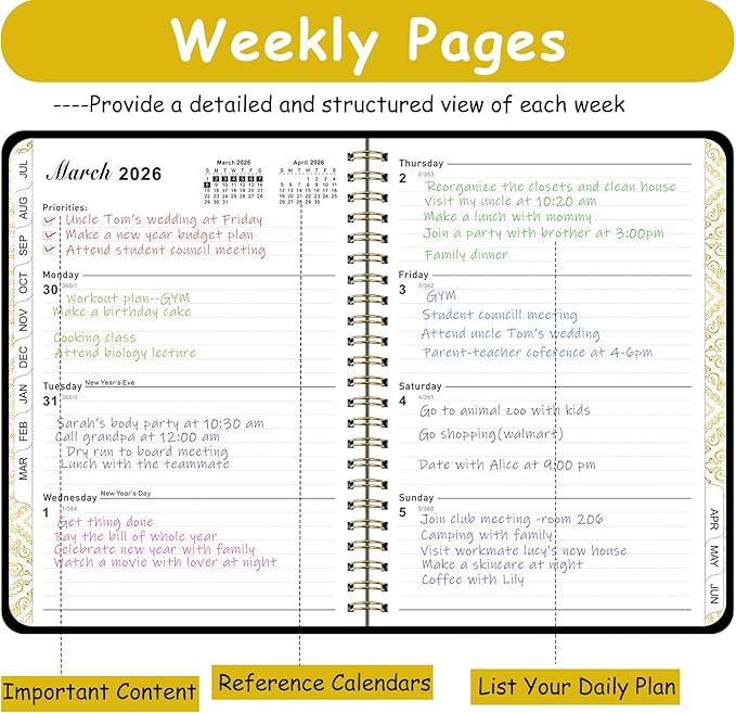 Daily Planner 2025-2026, Monthly and Weekly Calendar Planner with Tabs, July 2025 - Jun 2026, Inner Pocket, 6.2" x 8.5" A5 Size, Perfect for Office Home School Supplies, Spiral Bound, Black ﻿