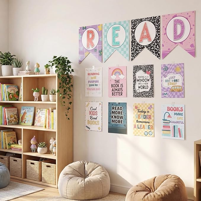 Reading Classroom Decorations Library Posters Bulletin Board Sets for Elementary Classroom Pennants Decor for Back to School Nursery Library Teacher Supplies(Bright Colors)