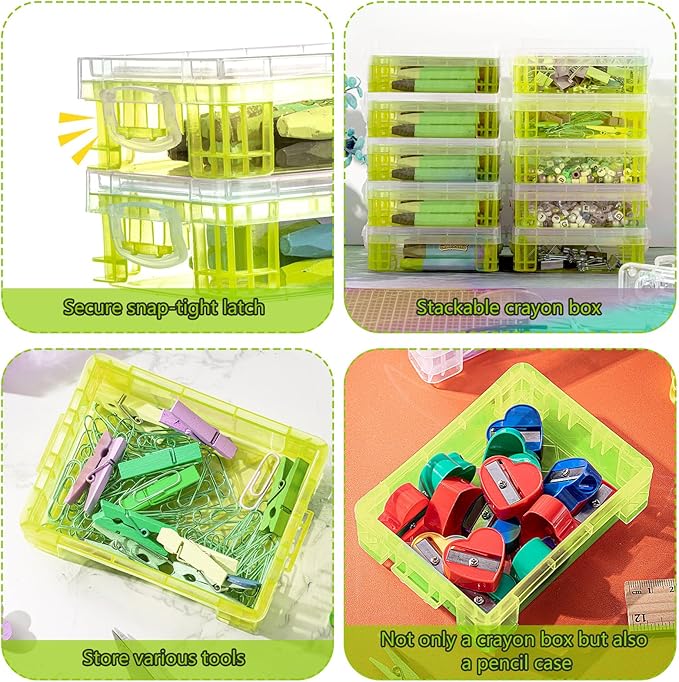 Suzile 12 Pcs Plastic Clear Crayon Box with Lids Stackable Crayon Organizer Storage Holder Container Bulk Hard Pencil Case for School Classroom Office Supplies Pen Pencil Art Crafts(Yellow)