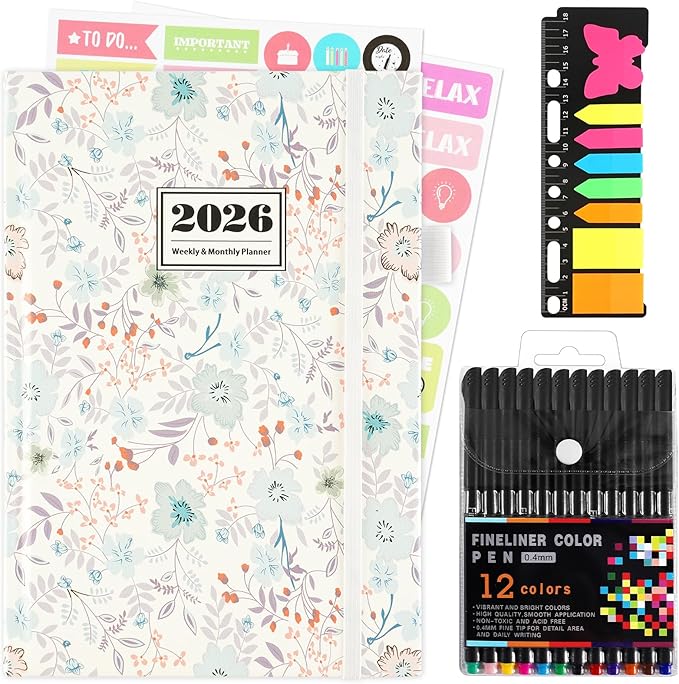 2026 Planner, 2026 Planner Weekly and Monthly with Tabs, 2026 monthly planner with Color Pen, Sticky Notes and Stickers, 6.2" x 8.5", Durable Twin Wire Binding, Storage Pocket - Flower