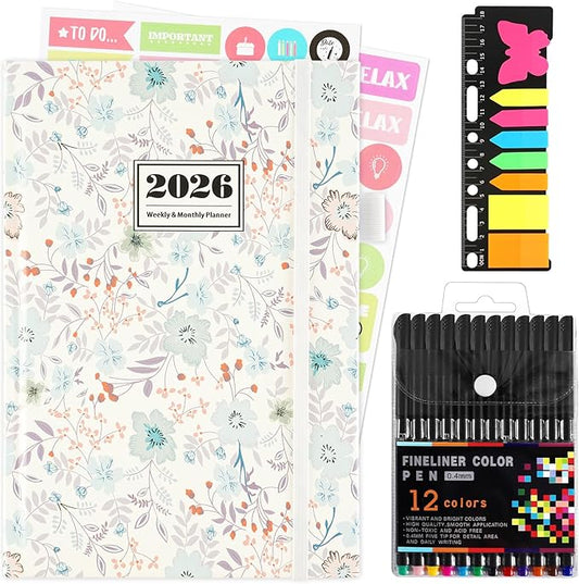 2026 Planner, 2026 Planner Weekly and Monthly with Tabs, 2026 monthly planner with Color Pen, Sticky Notes and Stickers, 6.2" x 8.5", Durable Twin Wire Binding, Storage Pocket - Flower