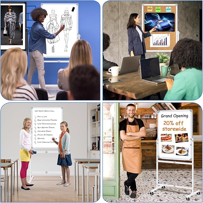 Max-officoo 30"x40" Double Sided Whiteboard & Cork Board on Wheels Adjustable Height & Angle Mobile Magnetic Dry Erase Board with Rolling Stand