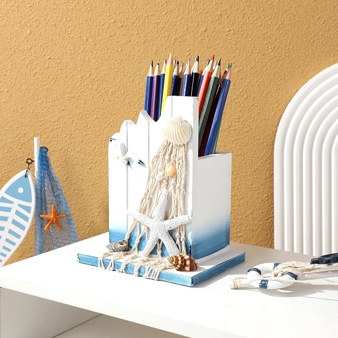 ARTIBETTER 1pcs Wooden Pen Holder Pen Container Organizer Nautical Desk Decoration Makeup Brush Holder for Home Office (White)