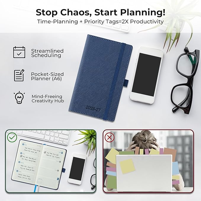 Weekly Monthly 2026-2027 Planner (July 26-Dec 27),6.5"x3.75",18 Months Agenda Plan with Month Tabs & Pocket,Expenses/Note Pages, Academic Calendar with Vegan Leather Cover,Blue