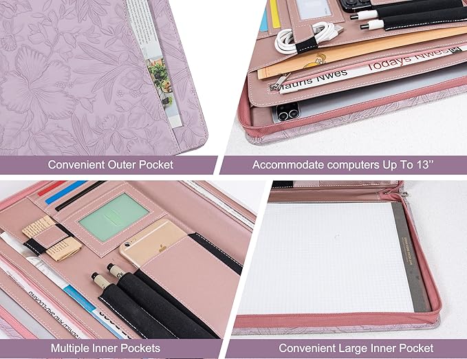 AZXCG Leather Portfolio for Women, Embossed PU Leather Padfolio with Zipper, Professional Business Document Organizer with A4 Notepad Holder, Professional Organizer for Resume/Interview(Purple)