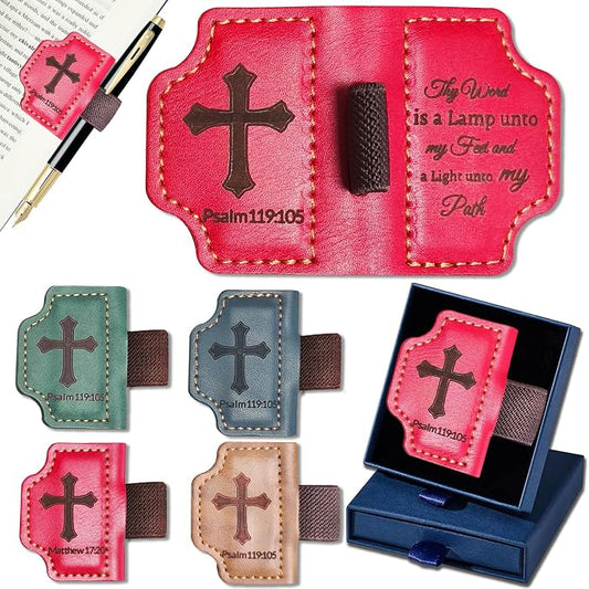 Bygone Mark Personalized Magnetic Leather Bookmark with Pen Holder,Inspirational Bible Verse Religious Bookmarks,Christian Book Lovers Reading Accessory for Men Women (RED, Psalm 119:105)