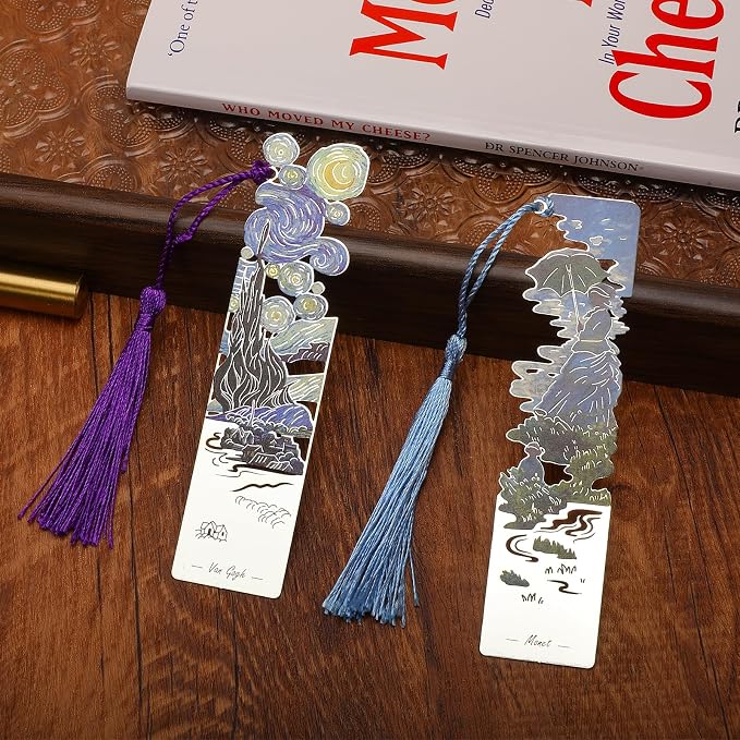 2 PCS Metal Bookmarks with Tassel, Starry Night Over The Rhone and Woman with a Parasol