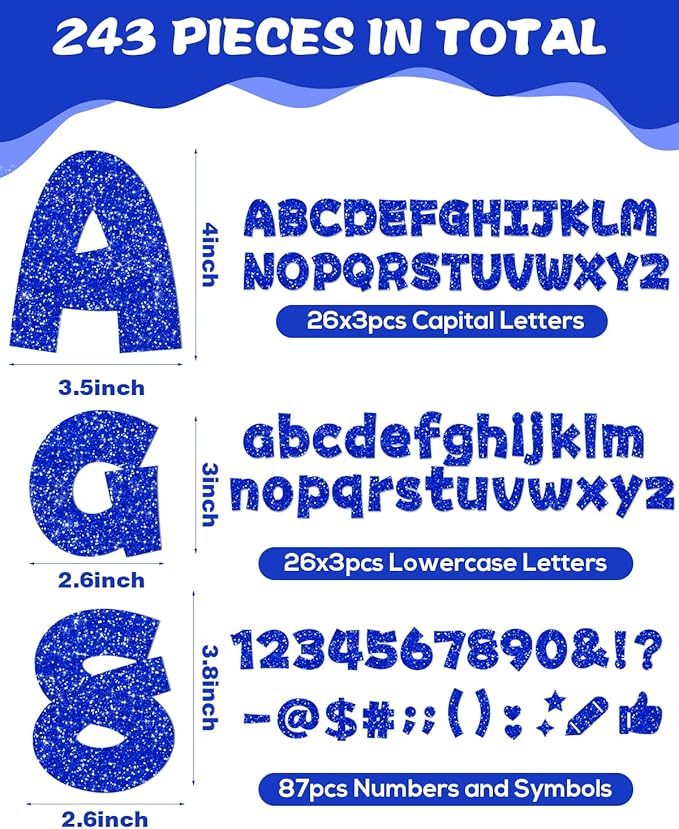243 Pcs Glitter Bulletin Board Letters Set, 4 Inch Alphabet Poster Board Cardboard Cutouts with Numbers and Punctuation, Classroom School Wall Display Decorations (Blue)