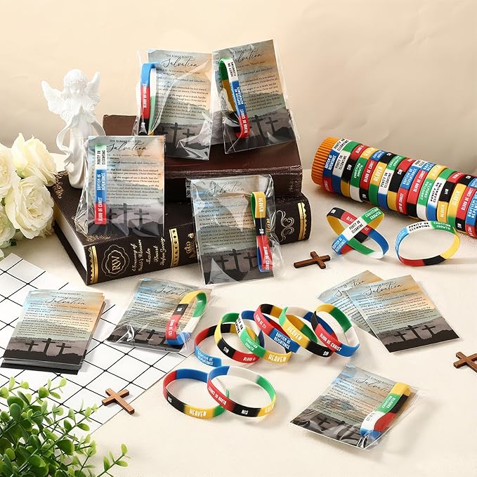 Gemscream 200 Sets Plan of Salvation Bracelets with Plan of Salvation Card Gospel Bracelet Christian Silicone Bracelets Gospel Tracts Father's Day Scripture Gift for Women Men Church Pastor