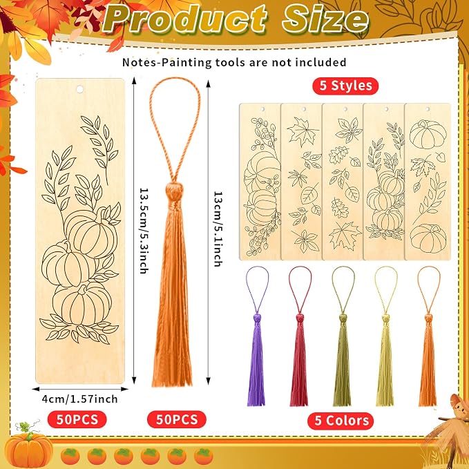 AmazingSpark 100 Pcs Fall Wood Bookmarks DIY Crafts Kit, 50 Set Color Your Own Blank Bookmarks with Tassel Autumn Leaves Pumpkins for Thanksgiving Art Reward
