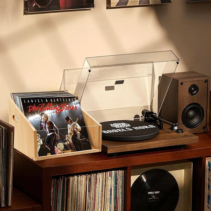 GRETJOB Vinyl Record Storage Crate - Wooden & Acrylic Record Storage Holds 70+ Records, Books, Files - Desktop & Home Office Storage with Handle (Nature wood color)