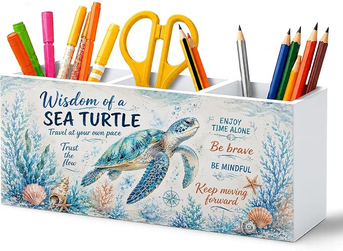Inspirational Coastal Sea Turtle Pen Pencil Holder for Desk, Sea Turtle Gifts, Beach Ocean Marine Life Motivational Wooden Pencil Holder Organizer Desk Accessories Decor for Home Office