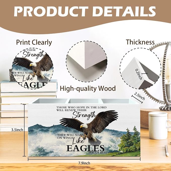 DILSJ Christian Inspirational Eagle Pen Pencil Holder Organizer for Desk, Inspirational Gifts for Women, Bible Verse Eagle Wooden Box Signs for Home Office Desk Tabletop Decoration