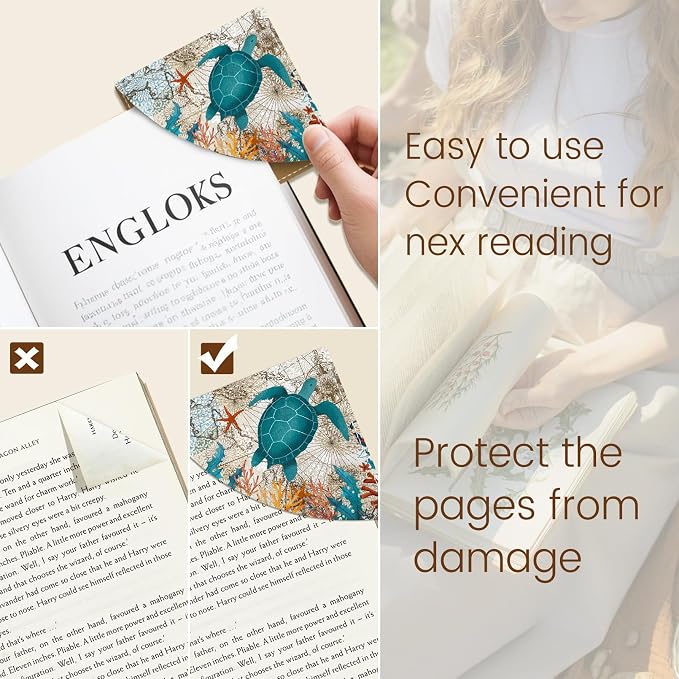 Icycay Cute Sea Turtle Corner Bookmarks, Funny Leather Book Accessories for Book Lovers, 3 Pcs Reading Book Page Markers for Women Men Student Teacher Girls Boys Kids Retirement Birthday Gifts