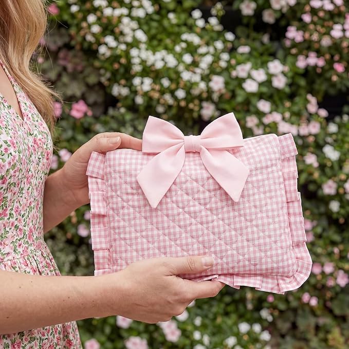 Honoson Quilted Bow Bible Sleeve Cover Case Padded Protector Washable Bible Bag Pouch Christian Gift for Women Girls Book Lover Gifts(Pink Gingham)