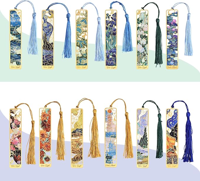 icceemee 12 Pieces of Gold Hollow Bookmarks with Tassels, Featuring Van Gogh and Monet Oil Painting Themes Perfect for Book Lovers, Writers, Readers, Children, Teenagers, Men, Women, and Adults