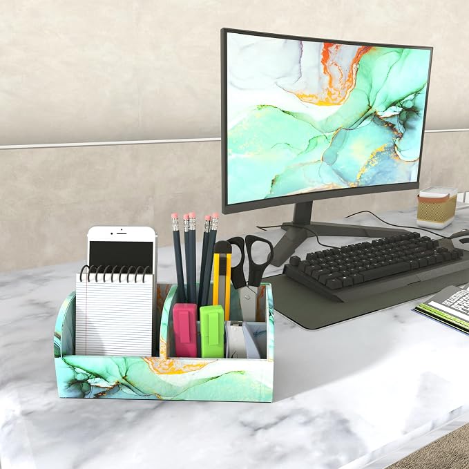 PU Leather Supply Organizer,Remote Control Holder Multifunctional Office Stationery Storage Box Organizer,Pencil Holders Organizers Table Top Desktop Desk Accessories(1-Splash Ink)