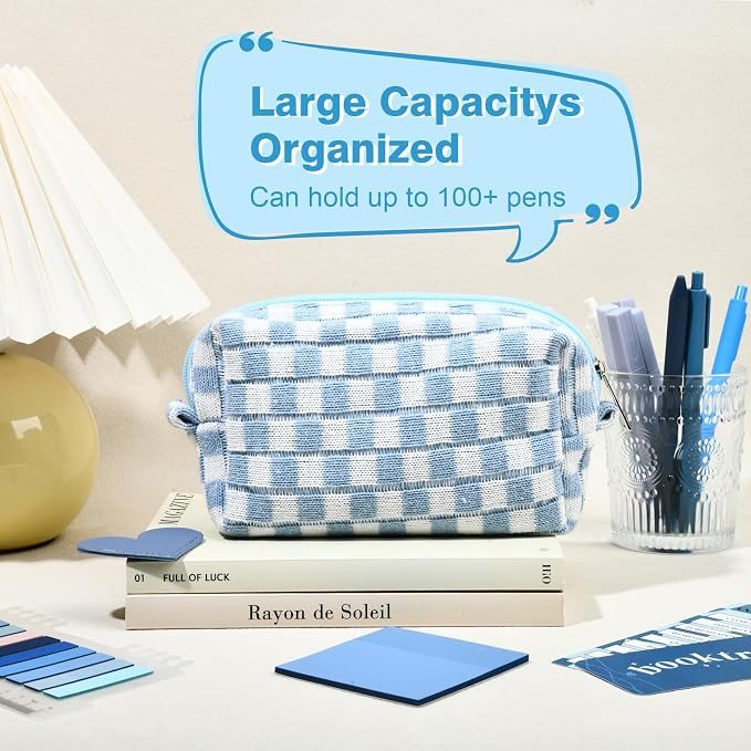 14 PCS Aesthetic Book Annotation Kit Large Checkered Pencil Case Book Lover Bookmark Dual Highlighters Gel Pens Study Supplies Stationary Set for Student Blue
