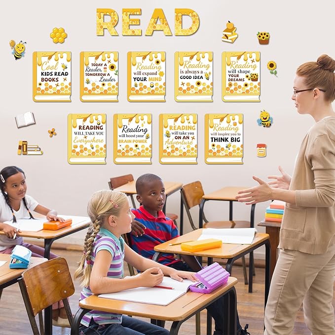 Qyeahkj Bee Reading Bulletin Board Poster for Classroom Motivational Bulletin Board Bumble Bee Sunflower Cutouts Elementary Educational Prints Poster for Teachers Kindergarten Preschool Library