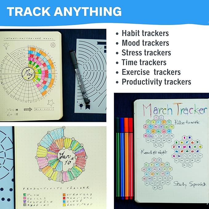 Ultimate Productivity Journal Stencil Set - Custom-Designed Supplies for Bullet Dotted Journal Planners, DIY Templates to Create Calendars, Lists, Letters, Numbers, Habit Trackers by Sunny Streak