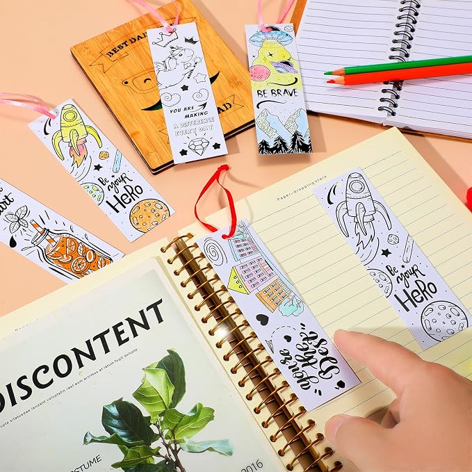 Outus 108 Pcs Color Your Own Bookmarks Inspirational Bookmarks, DIY Motivational Coloring Blank Paper Book Marks Birthday DIY Supplies
