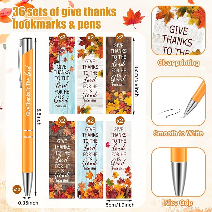 Dispowreath 24 Pcs/ 12 Sets Christian Thanksgiving Gifts Bulk, Include 12 Give Thanks Pen 12 Psalm 136: 1 Fall Religious Bible Verse Bookmarks Church Autumn Exchange Gifts for Party Favors