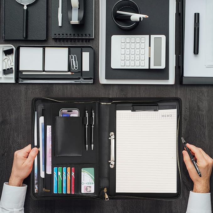 Wason A4 Portfolio with Zipper - Leather PU Padfolio with Detachable Ring Binder and Writing Notepad Holder, Conference File Multi-Pockets Organizer for Office Travel School (Black)