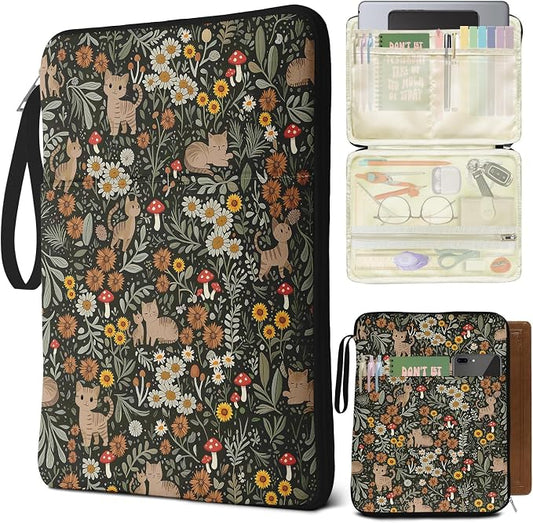 Cat Floral Book Sleeve Book Pouch, Cute Cat Floral Print Book Protector Case with Zipper, PU Leather Waterproof Book Cover Bag, Portable Book Pouch for Book Lovers Gifts Paperbacks Hardcover