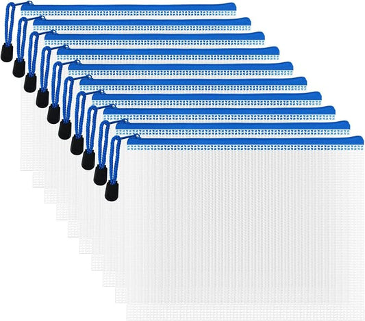 10 Pcs Zipper File Bags, Waterproof Plastic Mesh Pouch for Office School, Board Game Storage Bags (A5 Size 9.2''x6.7'', White and Blue)