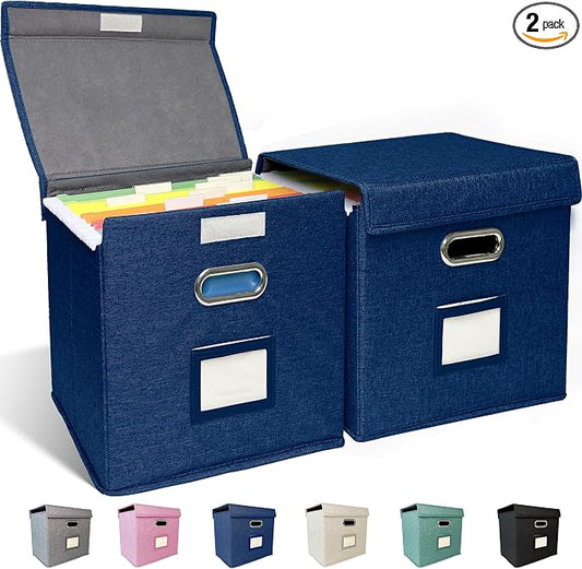 2 Pack Hanging File Folder Box with Lid, Durable Letter Size Filing Storage Box, Sturdy File Holder with Cardboard Support PVC Rails for Office Home Organizer, Blue